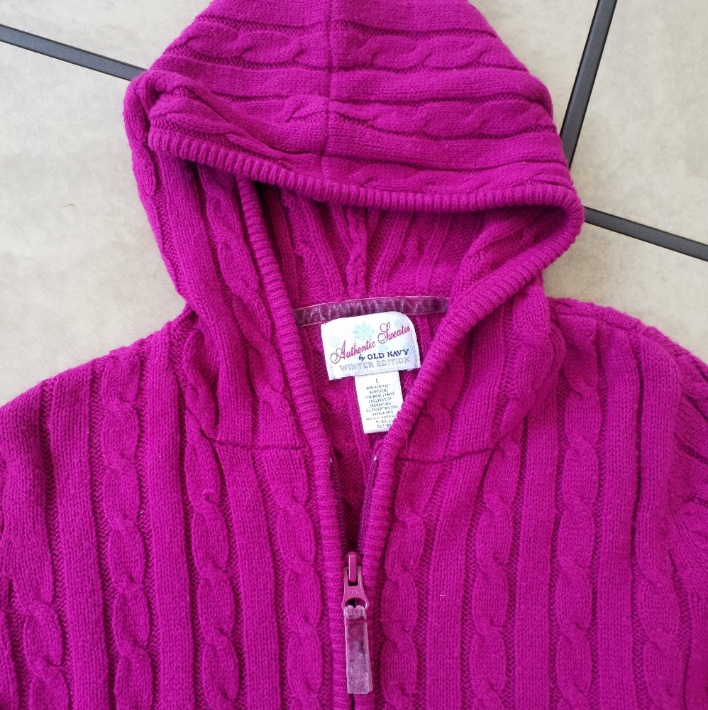 Old Navy SWEATER Jacket Dark Pink Zip Hooded Size L Cable Knit - Picture 7 of 9